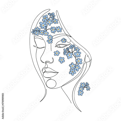 Line art woman face with blue forget me not flowers female portrait