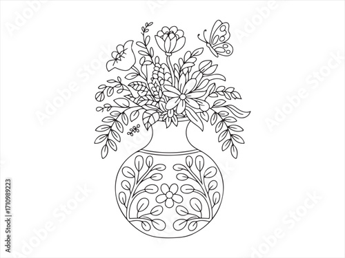 Ornamental vase with floral designs and butterfly illustration in line art for home decor concepts