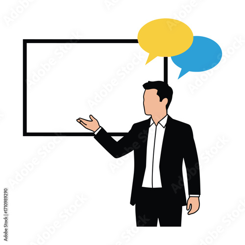Man in black suit gesturing towards blank whiteboard with yellow and blue speech bubbles white shirt