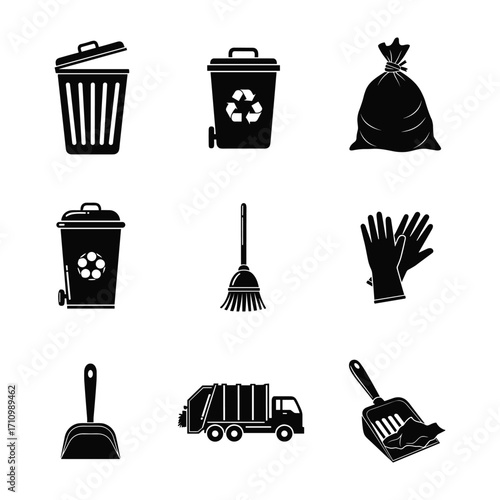 Black silhouette icons of trash cans garbage bag broom gloves dustpan garbage truck and trash scoop vector