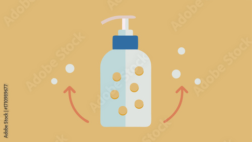Bottle with Pump A modern pump bottle dispensing a thick cream with exosomes depicted as tiny circles and arrows showing their infusion process.