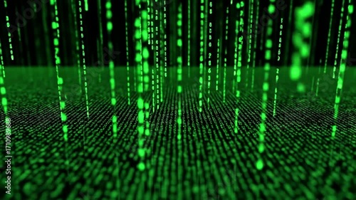A digital matrix of flowing green numbers creates a captivating visual display.