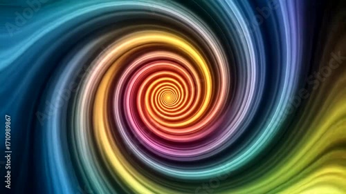 Vibrant, swirling, rainbow-hued abstract design featuring a hypnotic spiral.