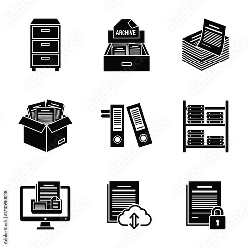 Collection of black and white icons representing document archiving and storage archive filing cabinet