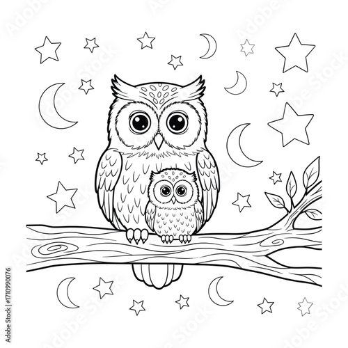 Cute cartoon adult and baby owls sitting on a branch with moons and stars family mother owl