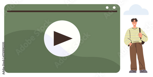 Large green media player with play button next to casually dressed person carrying a bag. Ideal for online education, e-learning, streaming, youth culture, media consumption, technology, lifestyle
