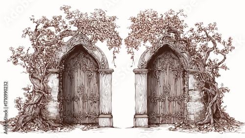 Elven Arch Gate Engraved Illustration Set for Fantasy Theme Designs