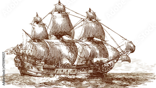 Vintage Engraved Pirate Ship Vector Illustration
