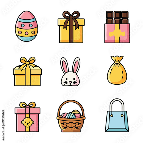 Easter holiday icons including decorated egg gift boxes chocolate bar bunny face gift bag and basket with eggs