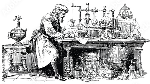 Vintage Engraving of Alchemist in Glass Filled Lab for Stock Photos