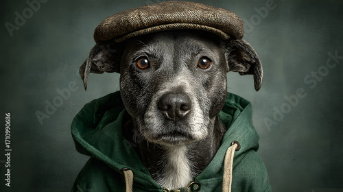 A charming studio portrait of a black pitbull puppy wearing a hat