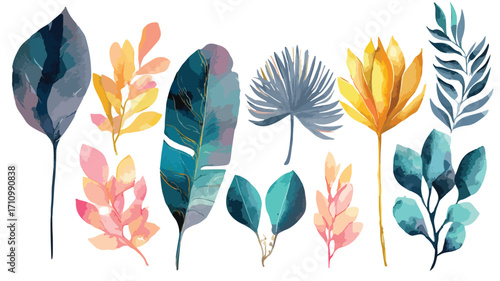 Exotic Plants Leaf Set on Isolated Background for Botanical Designs