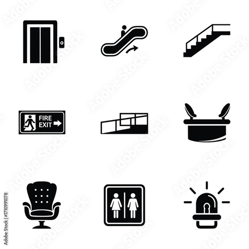 Collection of black and white icons for building navigation and safety elevator escalator