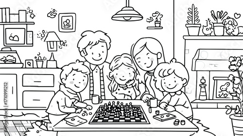 Family Game Night Line Drawing Vector Illustration for Fun and Entertainment at Home
