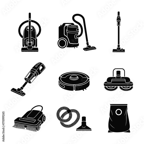 Collection of black vacuum cleaner icons and accessories on white background upright vacuum canister vacuum