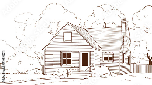 Cozy Family Home Outline Vector with Yard for Graphic Design Projects