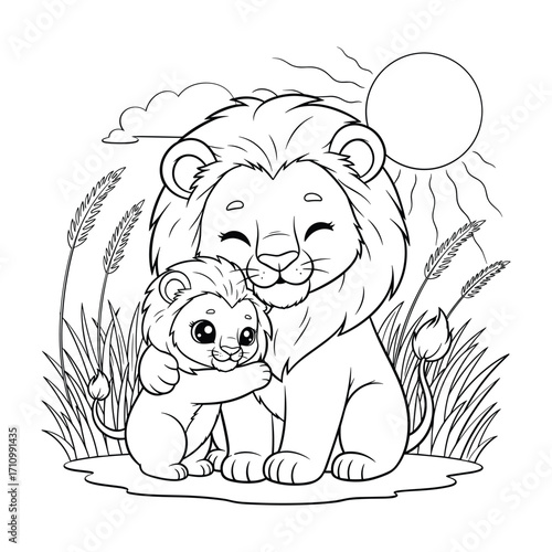 Cute cartoon lion cub hugging a larger lion in grassy savanna with sun and clouds baby animal