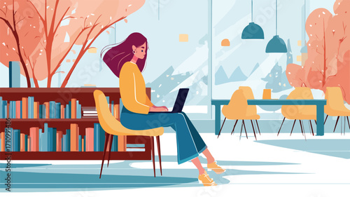 Female University Student Working on Laptop in Cafe