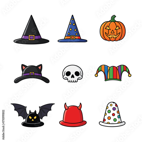 Halloween themed cartoon icons including witch hats pumpkin skull bat devil and jester hat vector