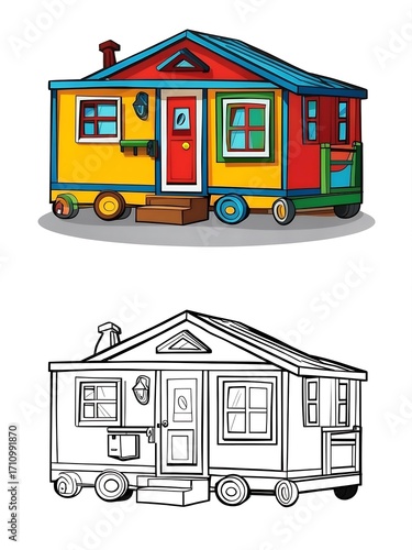 Colorful cartoon tiny house on wheels with a black and white coloring book page version.
