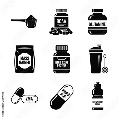 Collection of black and white icons representing sports nutrition supplements and fitness products protein powder