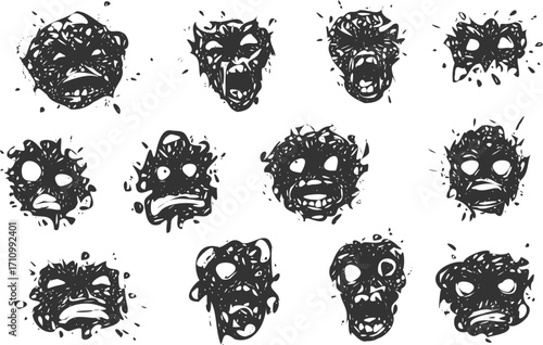 Collection of abstract, expressive, and monstrous faces drawn in a dark, sketch-like style