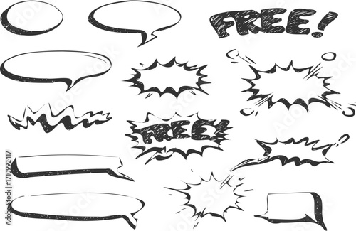 Sketchy speech bubbles and comic bursts for creative projects