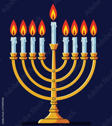 Menorah with lit candles illuminating a dark background  