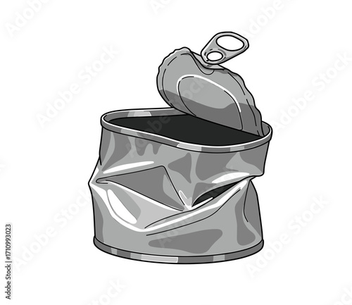 Crumpled metal canister with open lid on white background  