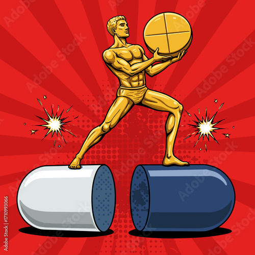 Golden man balancing on large capsules while holding a  doping