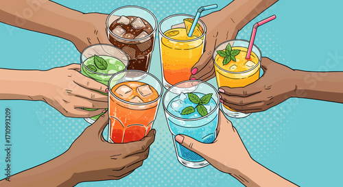 Diverse hands holding colorful drinks in glasses with straws  