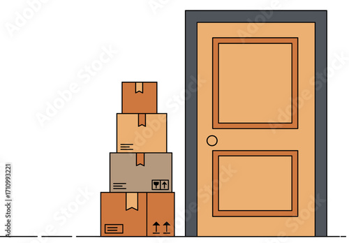 Stack of cardboard boxes beside closed door in minimal design  