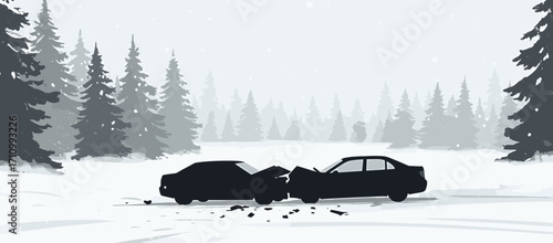 Two cars colliding on snowy road surrounded by pine trees  