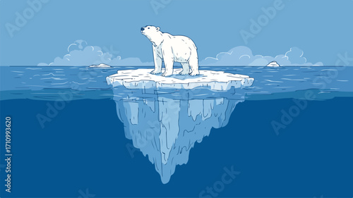 Melting Ice Cap with Polar Bear Stand Vector Illustration