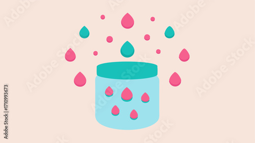 Exosome Droplets A stylized illustration of small rounded exosome droplets in bright colors like turquoise and pink floating above a cosmetic jar symbolizing the infusion of