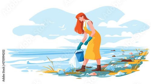 Eco-Friendly Activist Cleaning Beach, Environmental Conservation Concept