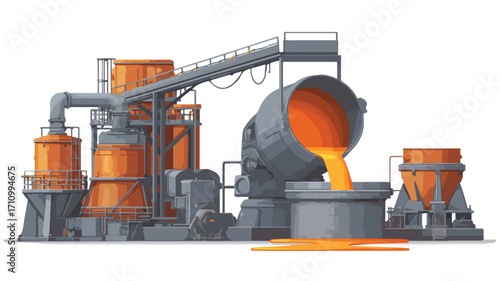 Efficient Steel Manufacturing Line with Molten Metal in Flat Vector Design