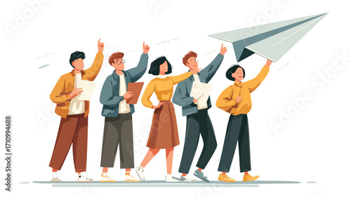 Team Launching Paper Airplane: Creative Collaboration Image