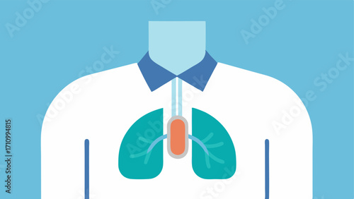 Clipon Tracker A compact clipon device attached to the collar of a shirt with visual indicators representing airflow and lung efficiency surrounded by animated lung graphics.