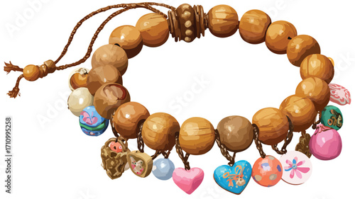 Flat Wooden Bead Bracelet with String - Professional Vector Illustration
