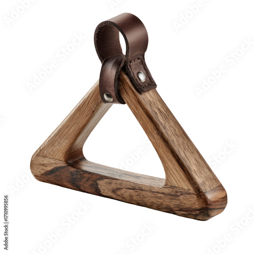 Wooden triangular coat hanger with brown leather loop