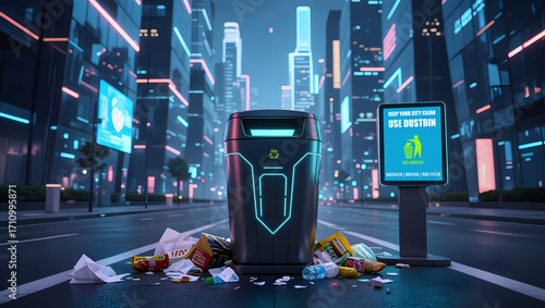 Hi-tech futuristic city ruined by non Civic Sense Citizens spilled garbage and litter on the street inspite of having a public dustbin. Concept for clean city and eco-friendly urban lifestyle.