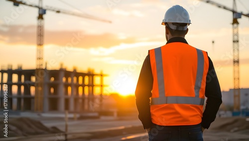 Construction Worker in Safety Vest and Helmet Overlooking Building Site with Cranes at Sunset – Engineering, Architecture, and Infrastructure Industry Concept