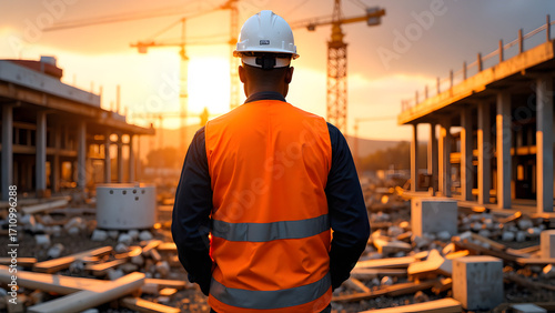Construction Worker in Safety Vest and Helmet Overlooking Building Site with Cranes at Sunset – Engineering, Architecture, and Infrastructure Industry Concept. Copy Space.