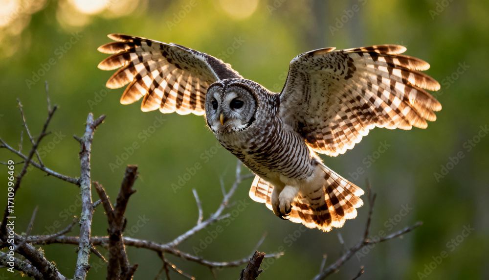 Fototapeta premium a barred owl (strix varia) flies low with wings spread in a forest