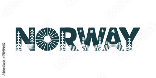 Norway Typography Art with Nordic Elements – Trees, Viking Ship, Sunburst, Nature, Scandinavian Modern Vector Design