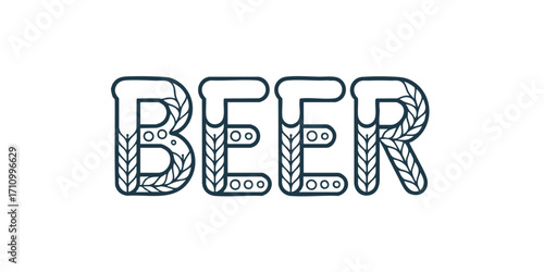 Beer Typography Logo with Malt, Hops, Grain Line Art and Foam on Transparent Background – Craft Brew Bar Decor Vector Illustration