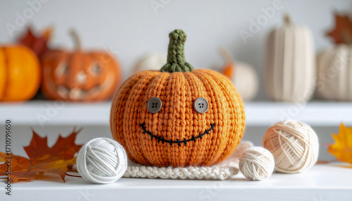 Handarbeit - ein gestrickter orangefarbener Kürbis mit lachendem Gesicht, danebwn weiße Wollknäule, im Hintergrund ein Regal mit Kürbissen und Dekoration