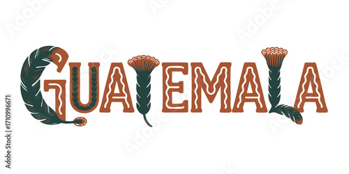 Guatemala Typography with Quetzal Feather Elements – Cultural Vector Illustration, Artistic Country Name Design, Boho Brown Green Style