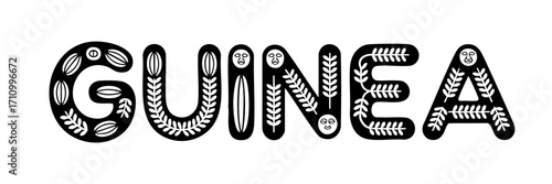 Guinea Decorative Typography Vector, African Tribal Art Style, Black and Transparent Ethnic Letters with Nature and Mask Elements for Travel and Culture Design